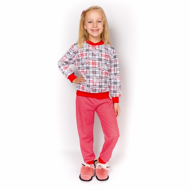 Пижама комбинирована на манжетах начес красного цвета, Красный, 32, 7-8 лет, 122-128см