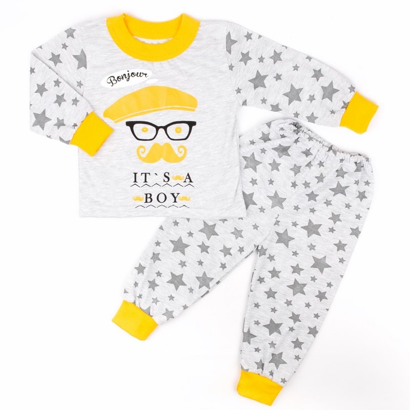 Дитячі трикотажні піжами для хлопчика. Дитяча піжама на хлопчика «ВОУ» кулір світло-сірого кольору. ТМ «Пташка Украина»