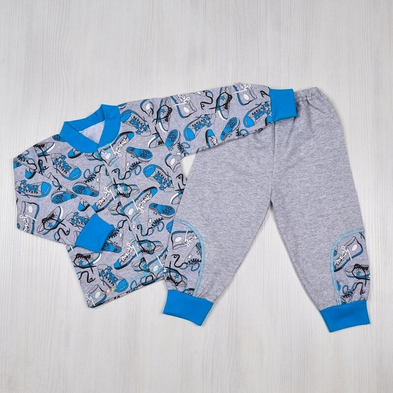 Дитячі трикотажні піжами для хлопчика. Піжама на ґудзичку «МЕЛАНЖ» футер блакитного кольору. ТМ «Пташка Украина»